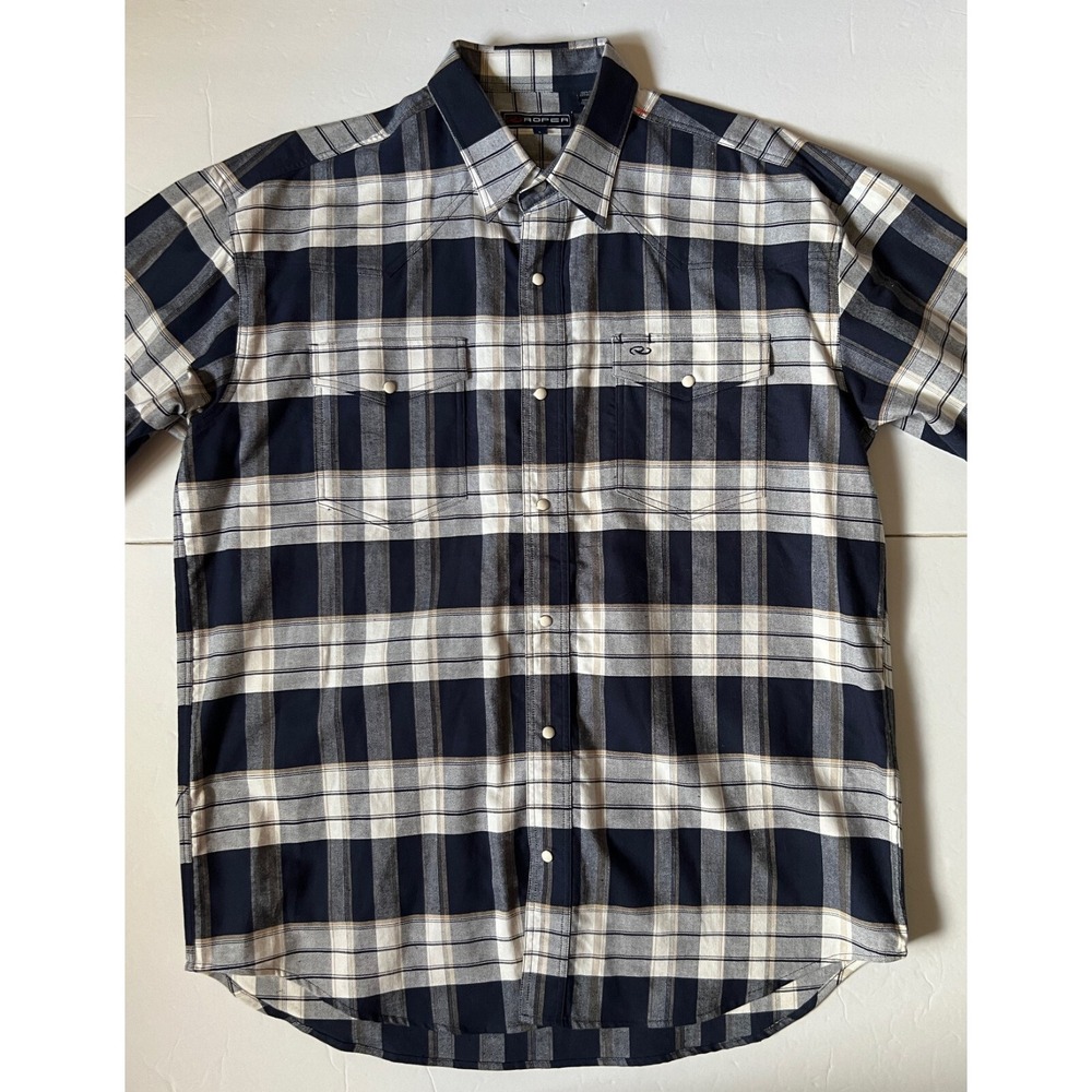 ROPER - Men's Heavyweight Pearl Snap Plaid Western Denim Shirt - Size Large